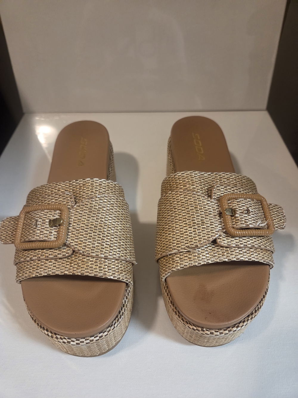 Soda Woven Buckle Platform Slides in Tan/Natural
